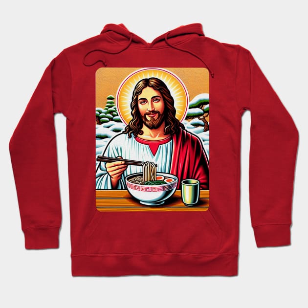 Jesus Christ Eating Ramen Drinking Matcha Japanese Garden White Christmas Hoodie by Plushism